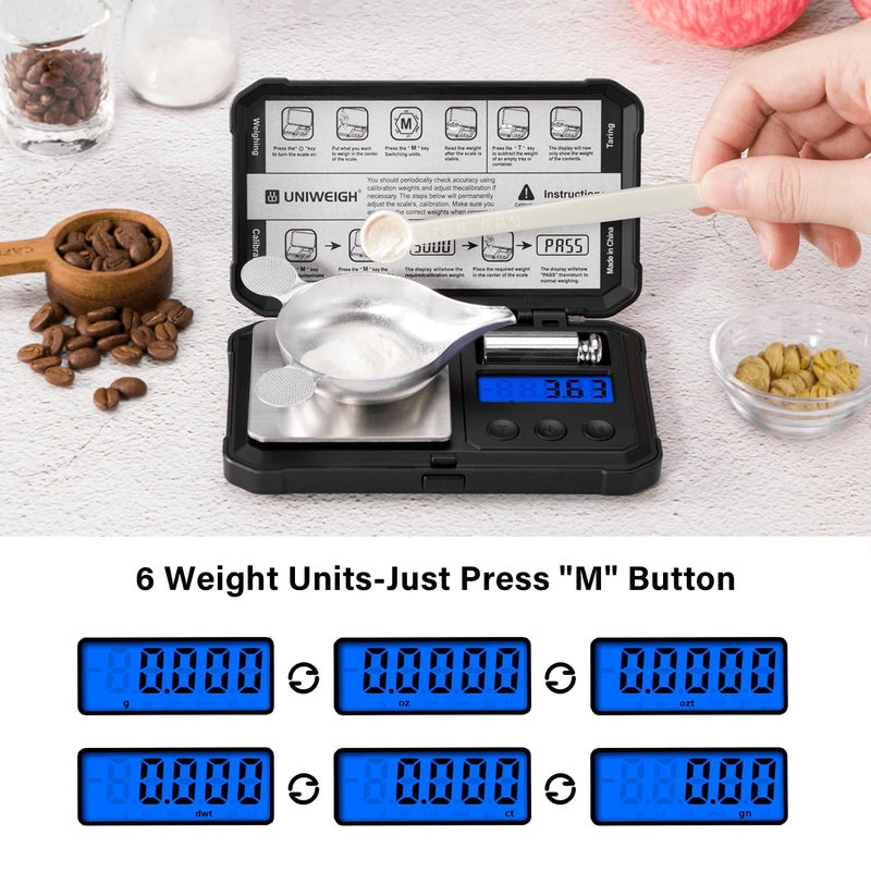 UNIWEIGH ميزان ملليجرام 50غ/0.001غ دقة عالية، ميزان رقمي مع شاشة LCD/تار، 6 وحدات ميزان مجوهرات، ميزان ميكرو غرام للبودرة، العملات، الذهب، ميزان إعادة التحميل، وزن معاير متضمن، بطاريات - Image 2
